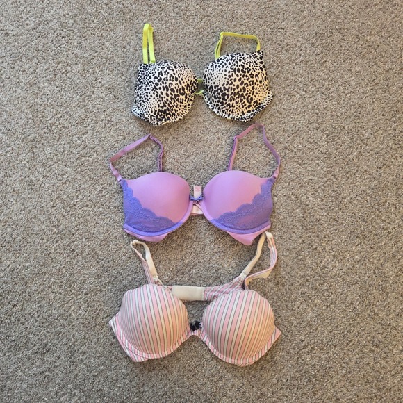 Victoria's Secret Other - Victoria's Secret Push Up Bra 34C Leopard Lace Stripe Purple Pink Lot of 3pc